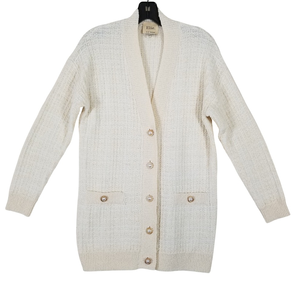 Elie Elie Tahari Cream White Textured Longline Cardigan Pearl Button Sweater S